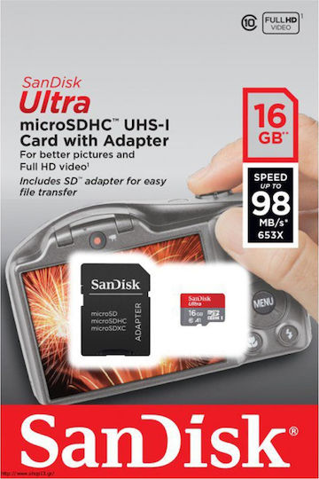 Sandisk Ultra microSDHC 16GB U1 A1 UHS-I 98MB/s with Adapter