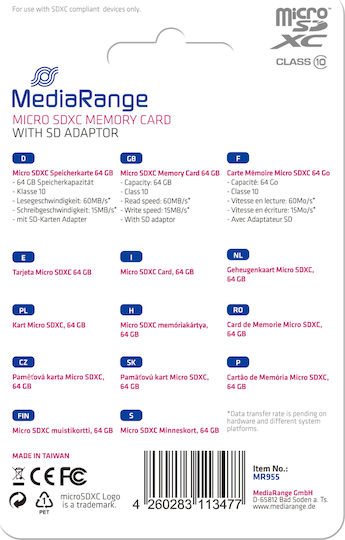 MediaRange microSDXC 64GB Class 10 A1 High Speed 60MB/s με αντάπτορα