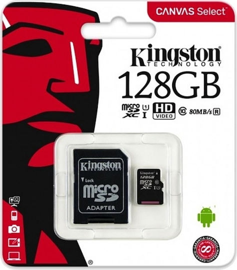 Kingston Canvas Select microSDXC 128GB U1 V10 A1 UHS-I 80MB/s με αντάπτορα