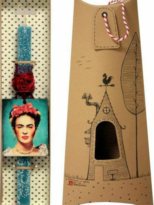 Великденска Свещ Квадратна Ароматна, Ръчно изработена и с Кутия Картина Frida Kahlo 30cm 30бр Син
