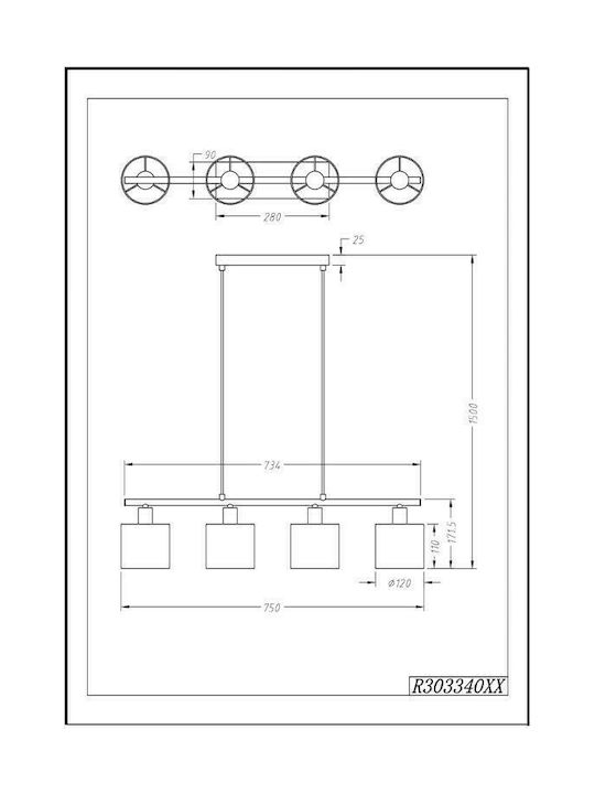 Trio Lighting Tommy Adjustable Black Ceiling Light Rail For 4 Bulbs E14 75x12x150cm