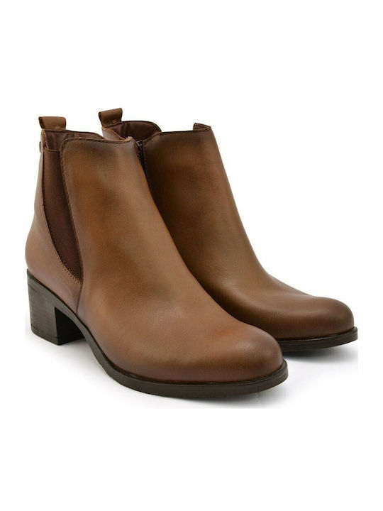 Leather Women's Ankle Boots with Medium Heel Tabac Brown
