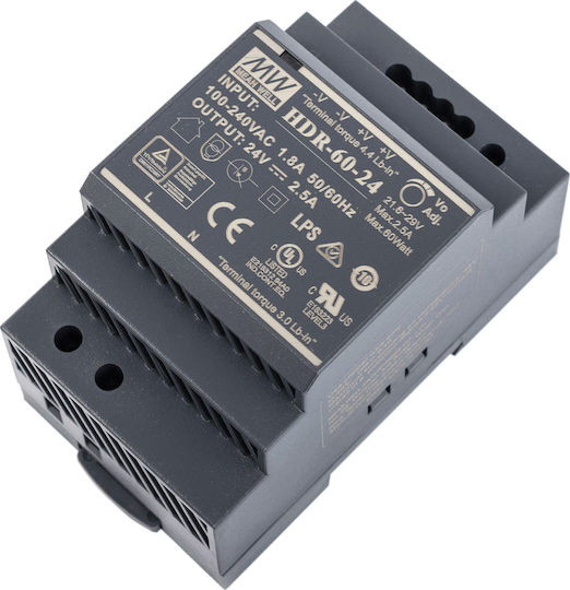 Mean Well Τροφοδοτικό Ράγας με Έξοδο 24V και Ισχύ 60W 2.5A