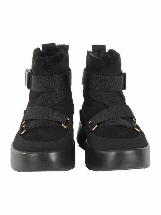 Classic Boom Buckle Suede Women's Ankle Boots with Fur Black