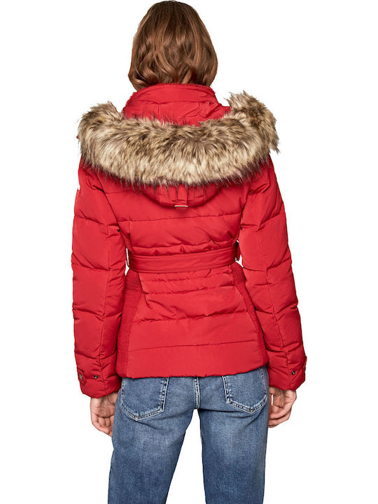 Pepe Jeans Carrie Kurz Damen Puffer Jacke mit pelziger Kapuze für Winter Rot