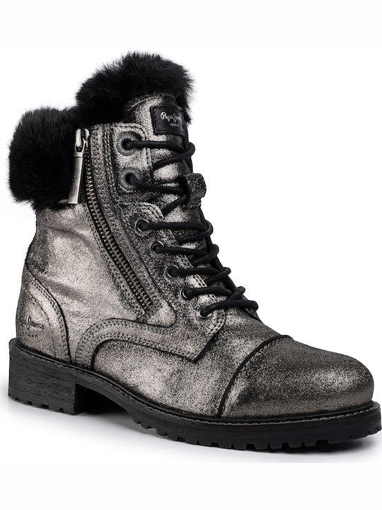 Pepe Jeans Melting Bling Leather Women's Ankle Boots Silver