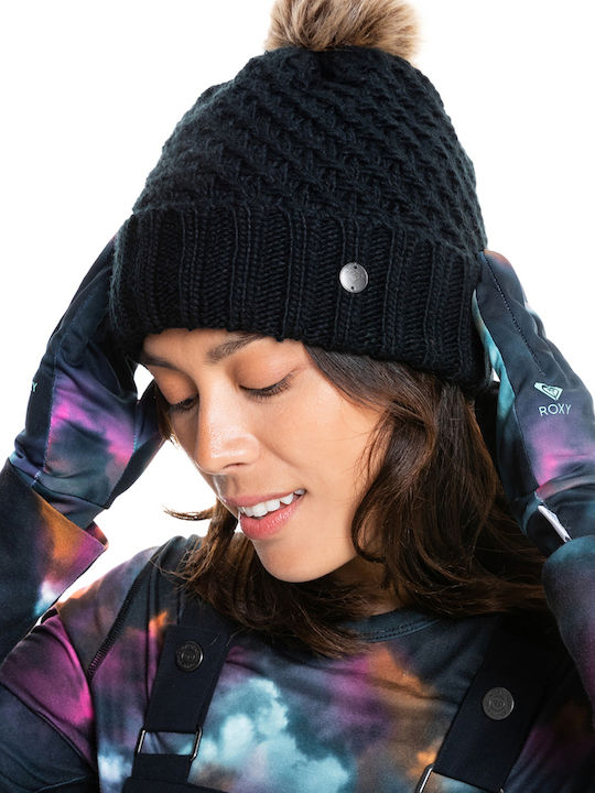 Blizzard Pom Pom Beanie Frauen Fleece Beanie mit Strickmuster in Schwarz Farbe