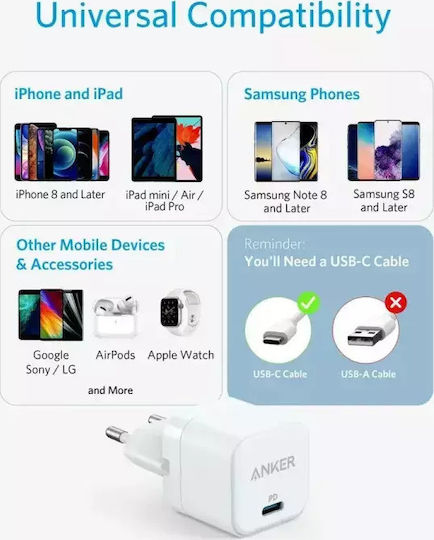 Anker Φορτιστής Χωρίς Καλώδιο με Θύρα USB-C 20W Power Delivery / Quick Charge 3.0 Λευκός (Powerport III Cube)