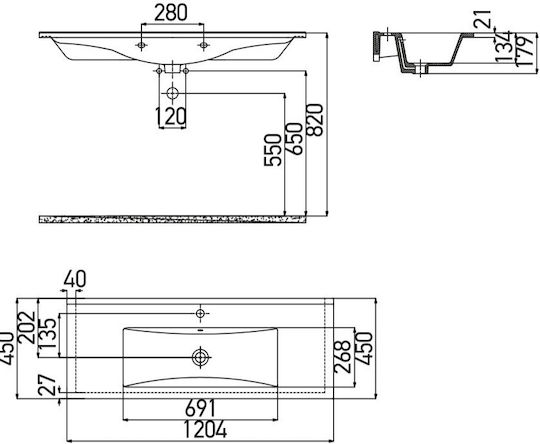 Creavit Slim Вградена мивка Порцелан 120x45x17.5см Бял