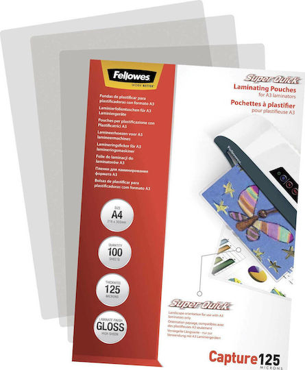 Fellowes SuperQuick A4 Glossy 125 Micron Φύλλα Πλαστικοποίησης Ζελατίνες Πλαστικοποίησης Γυαλιστερές 125 microns 100τμχ