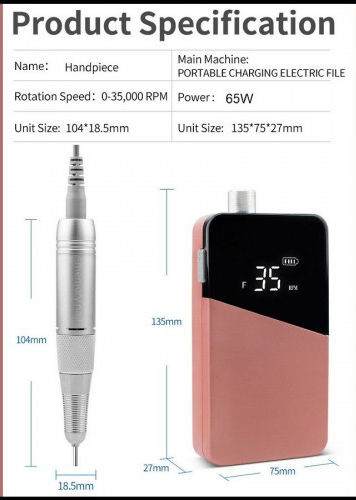 T810 Τροχός Νυχιών Μπαταρίας 65W Ροζ με 35000 Στροφές ανά Λεπτό
