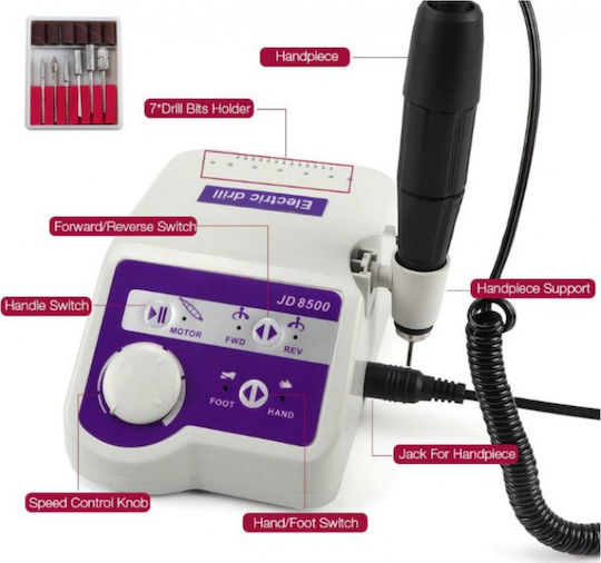 Various JD8500 Nail Drill Power 65W White with Pedal with 35000 Rotations per Minute with 6 Frescoes