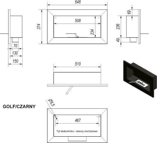 Kratki Golf Qube Tuv Indoor Wall Mounted Bioethanol Fireplace Black 64.8x15x37.4cm