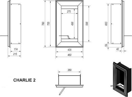 Kratki Charlie 2 Tuv Επιτοίχιο Τζάκι Βιοαιθανόλης Εσωτερικού Χώρου Μαύρο 46x21.5x78cm