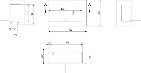 Kratki Delta L 700 Tuv Επιτοίχιο Τζάκι Βιοαιθανόλης Εσωτερικού Χώρου Μαύρο 70x28x48cm