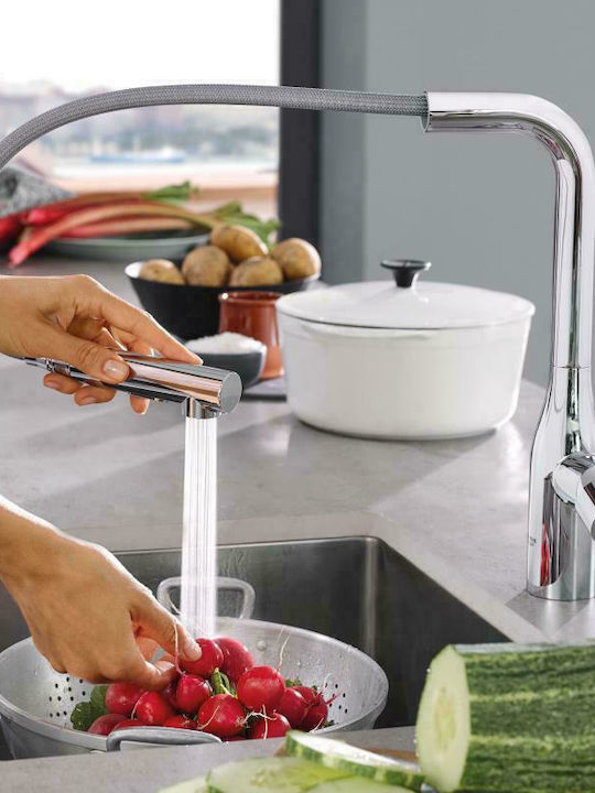 Grohe Essence Ψηλή Μπαταρία Κουζίνας Πάγκου με Ντουζ και Σπιράλ Ασημί