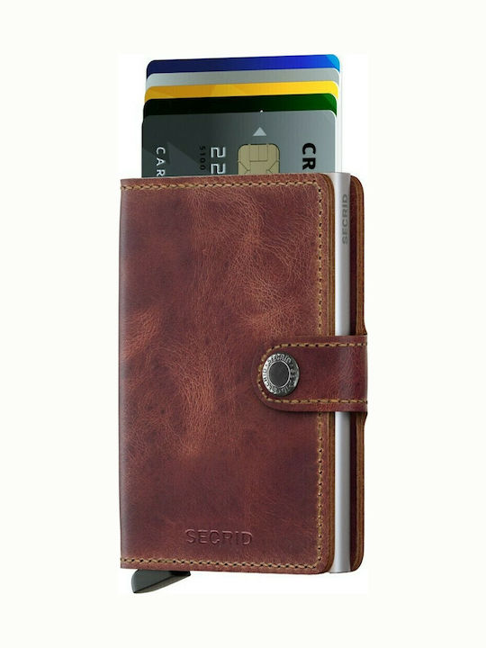 Miniwallet Vintage Δερμάτινο Ανδρικό Πορτοφόλι Καρτών με RFID και Μηχανισμό Slide Καφέ/Ασημί