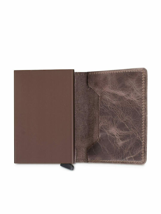 Slimwallet Vintage Leather Men's Wallet Cards with RFID and Slide Mechanism Coffee Open