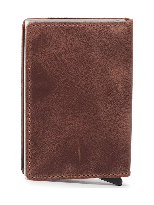 Slimwallet Vintage Leather Men's Wallet Cards with RFID and Slide Mechanism Coffee Open