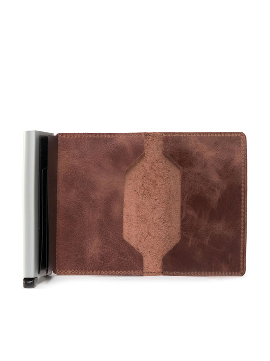 Slimwallet Vintage Leather Men's Wallet Cards with RFID and Slide Mechanism Coffee Open