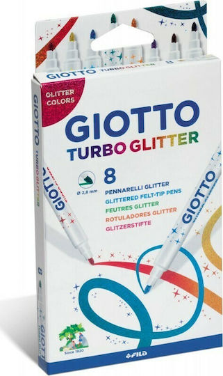 Giotto Turbo Glitter Μαρκαδόροι Ζωγραφικής 2.8mm Λεπτοί, Πλενόμενοι, με Glitter Σετ 8 χρώματα