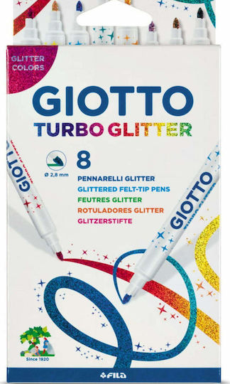 Giotto Turbo Glitter Μαρκαδόροι Ζωγραφικής 2.8mm Λεπτοί, Πλενόμενοι, με Glitter Σετ 8 χρώματα