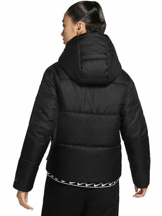 Sportswear Women's Hiking Short Puffer Jacket Waterproof for Winter with Hood Black