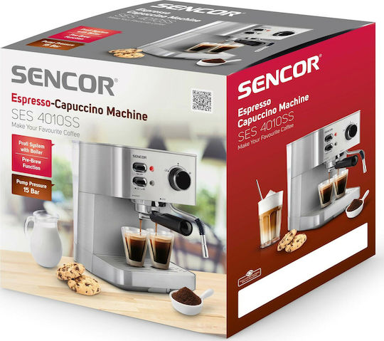 Sencor Μηχανή Espresso 1050W Πίεσης 15bar Ασημί SES 4010SS