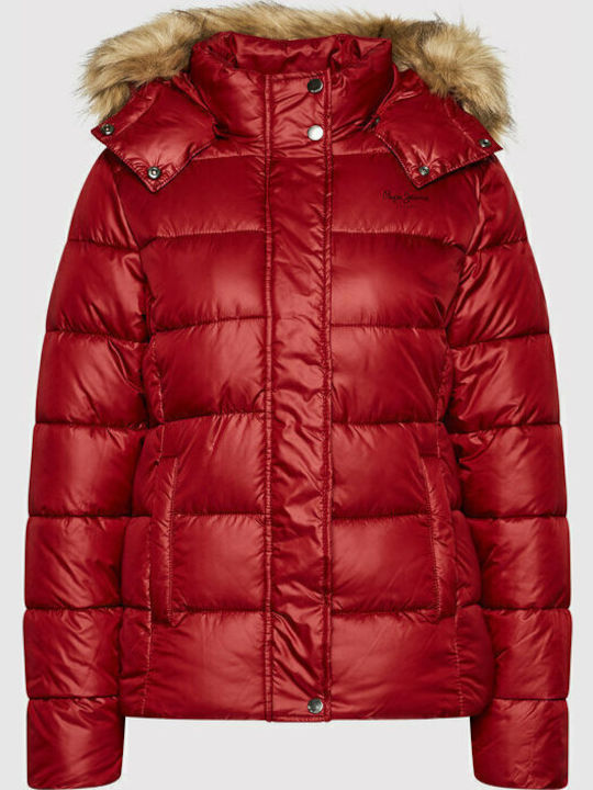 June Women's Short Puffer Jacket for Winter with Hood Red