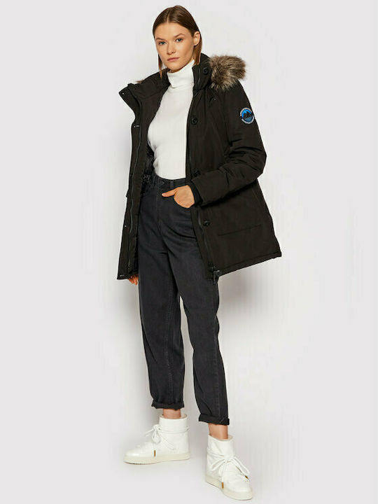 Everest Lang Damen Parka Jacke mit pelziger Kapuze für Winter Schwarz