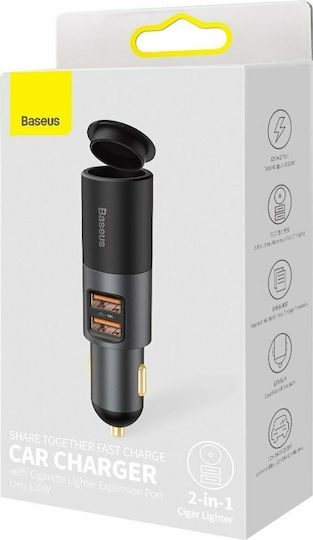 Baseus Share Together Φορτιστής Αυτοκινήτου 120W Γρήγορης Φόρτισης με Θύρες: 2xUSB 1xΑναπτήρα Γκρι Χρώμα