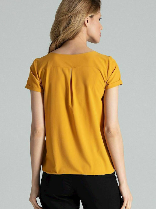 Figl M665 Women's Summer Blouse Short Sleeve with V Neckline Yellow 132479