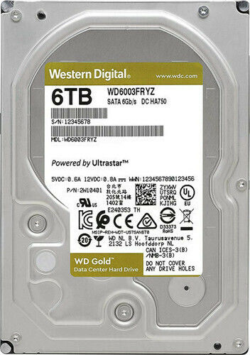Western Digital Gold 6TB HDD Hard Drive 3.5" SATA III 7200rpm with 256MB Cache for NAS / Server WD6003FRYZ
