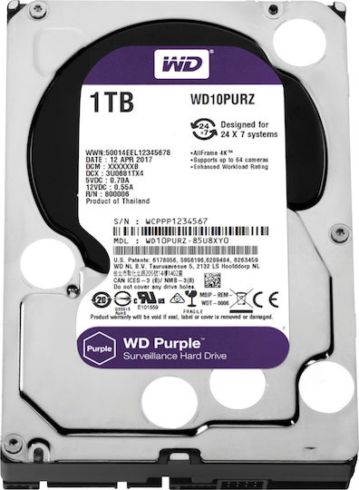 Western Digital Purple 1TB HDD Hard Drive 3.5" SATA III 5400rpm with 64MB Cache for Recorder WD10PURZ