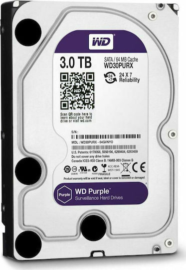 Western Digital Purple 3TB HDD Σκληρός Δίσκος 3.5" SATA III 5400rpm με 64MB Cache για Καταγραφικό WD30PURZ