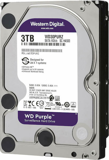 Western Digital Purple 3TB HDD Σκληρός Δίσκος 3.5" SATA III 5400rpm με 64MB Cache για Καταγραφικό WD30PURZ