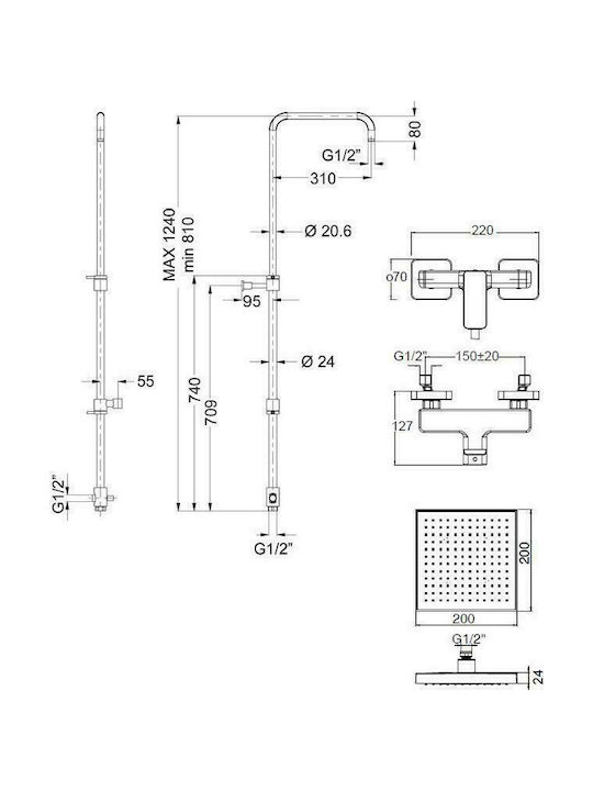 Eurorama Tonda Adjustable Shower Column with Bathtub Mixer 83-144cm Silver