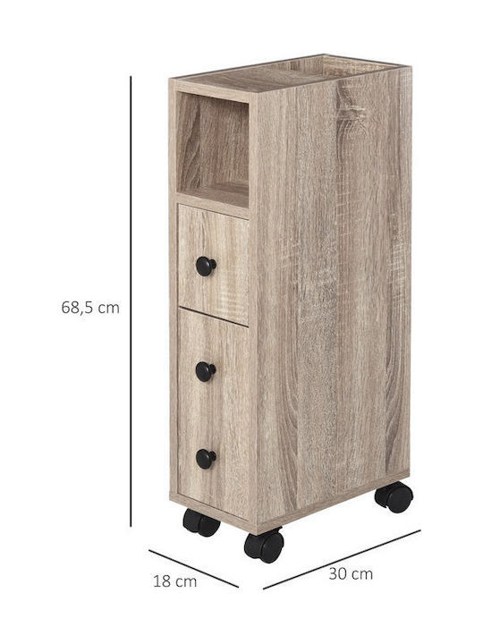 Kleankin Wheeled Wooden Bathroom Furniture Floor Bathroom Shelf Wooden with 3 Shelves 18x30x68.5cm Brown