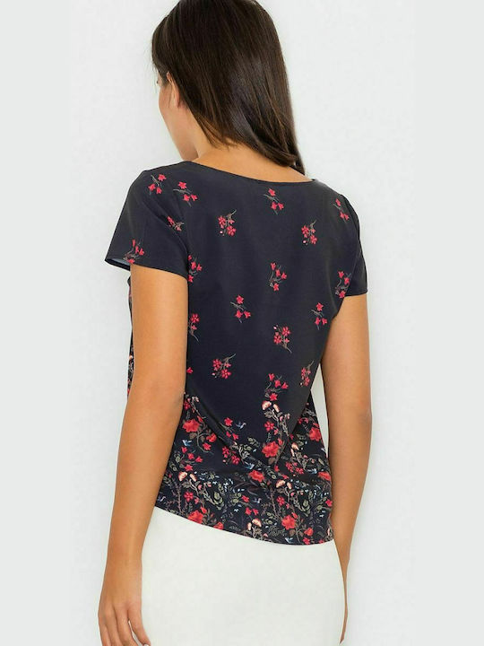 Figl M540 Women's Summer Blouse Short Sleeve Floral Black 77043