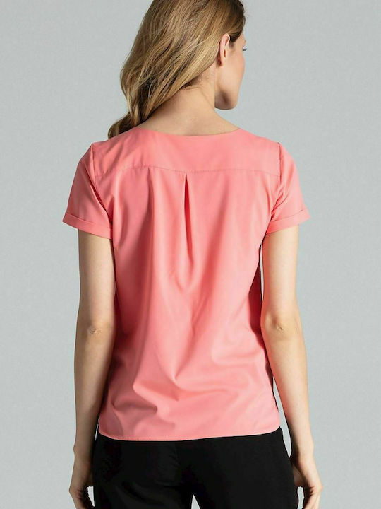 Figl M665 Women's Summer Blouse Short Sleeve with V Neckline Pink 132478