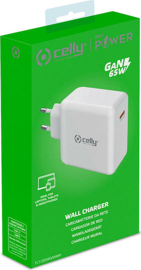 Celly GaN Kabelloser Handyladegerät mit USB-C Ausgangsanschluss 65W Stromlieferung Weiß (TC1C65WGAN)