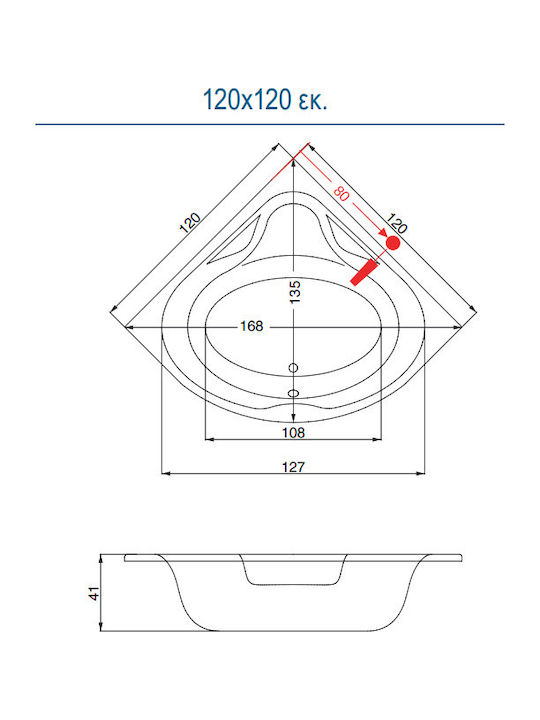 Sirene Modena Cadă de baie colț Acrilic cu hidromasaj 130x130cm