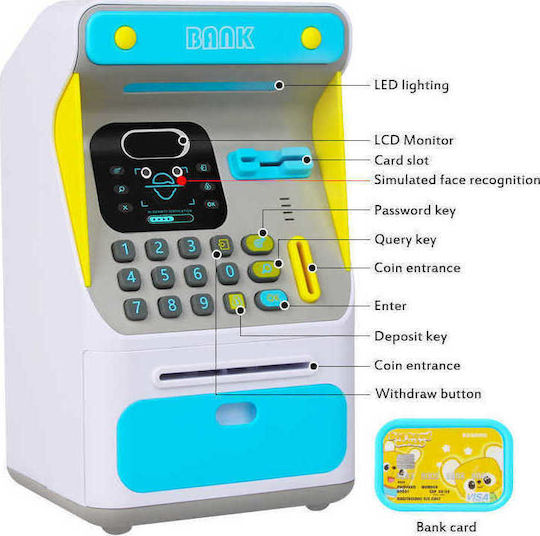 Money Bank Atm Children's Money Box Plastic Blue 16x14x26.5cm