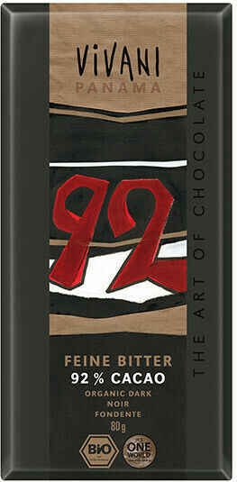 Vivani Fine Dark Organic Chocolate Dark Panama Cocoa & Coconut Sugar Vegan with 92% Cocoa 80gr