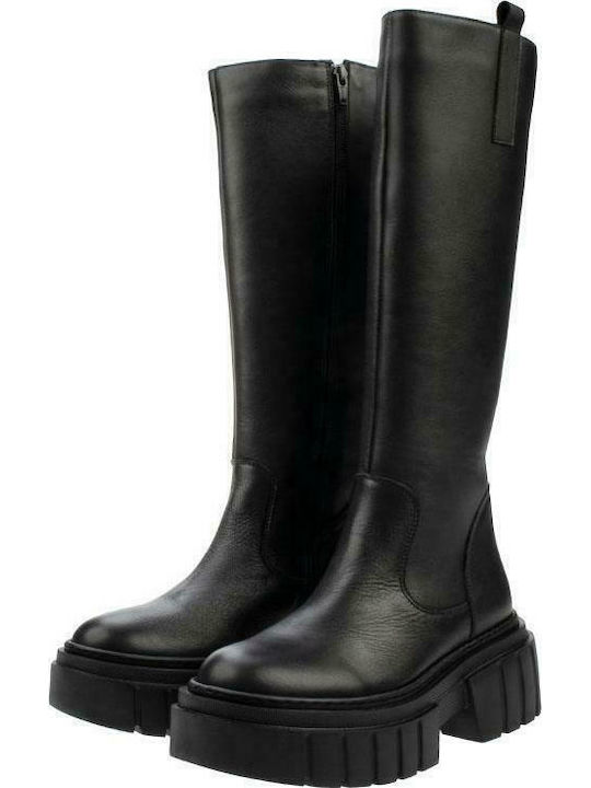 Mille Luci Leder Damenstiefel mit mittlerem Absatz Schwarz