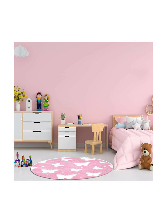 Newplan 291 Kinder Teppich Schmetterlinge Rosa Rund mit Durchmesser 150cm Dicke 12mm 5-21-BNT-291L38-150X150