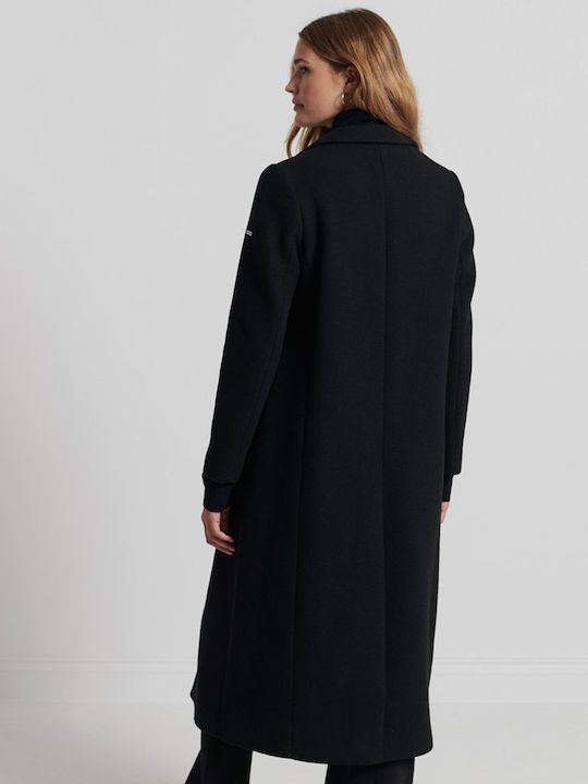 Superdry Μάλλινο Γυναικείο Μαύρο Παλτό με Κουμπιά