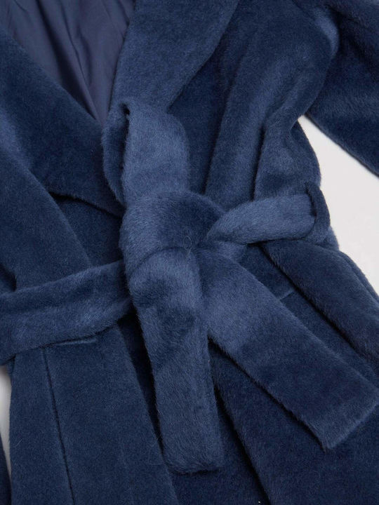 Γυναικείο Washed Out Navy Παλτό με Γούνινες Λεπτομέρειες