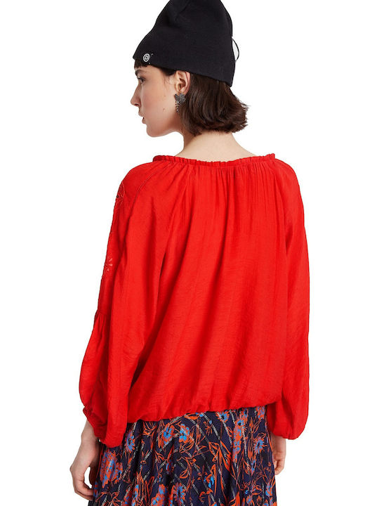 Desigual Venecia Summer Tunic Long Sleeve with V Neckline Red