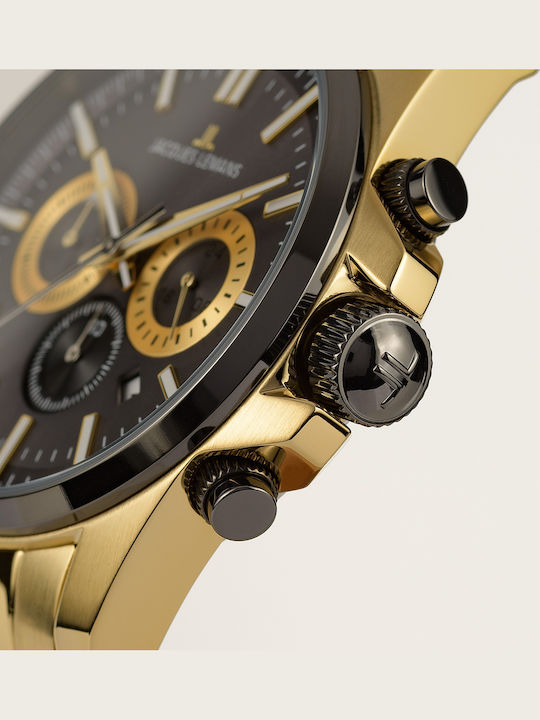 Jacques Lemans Liverpool Ανδρικό Ρολόι 44mm Χρονογράφος Μπαταρίας με Χρυσό Μεταλλικό Μπρασελέ